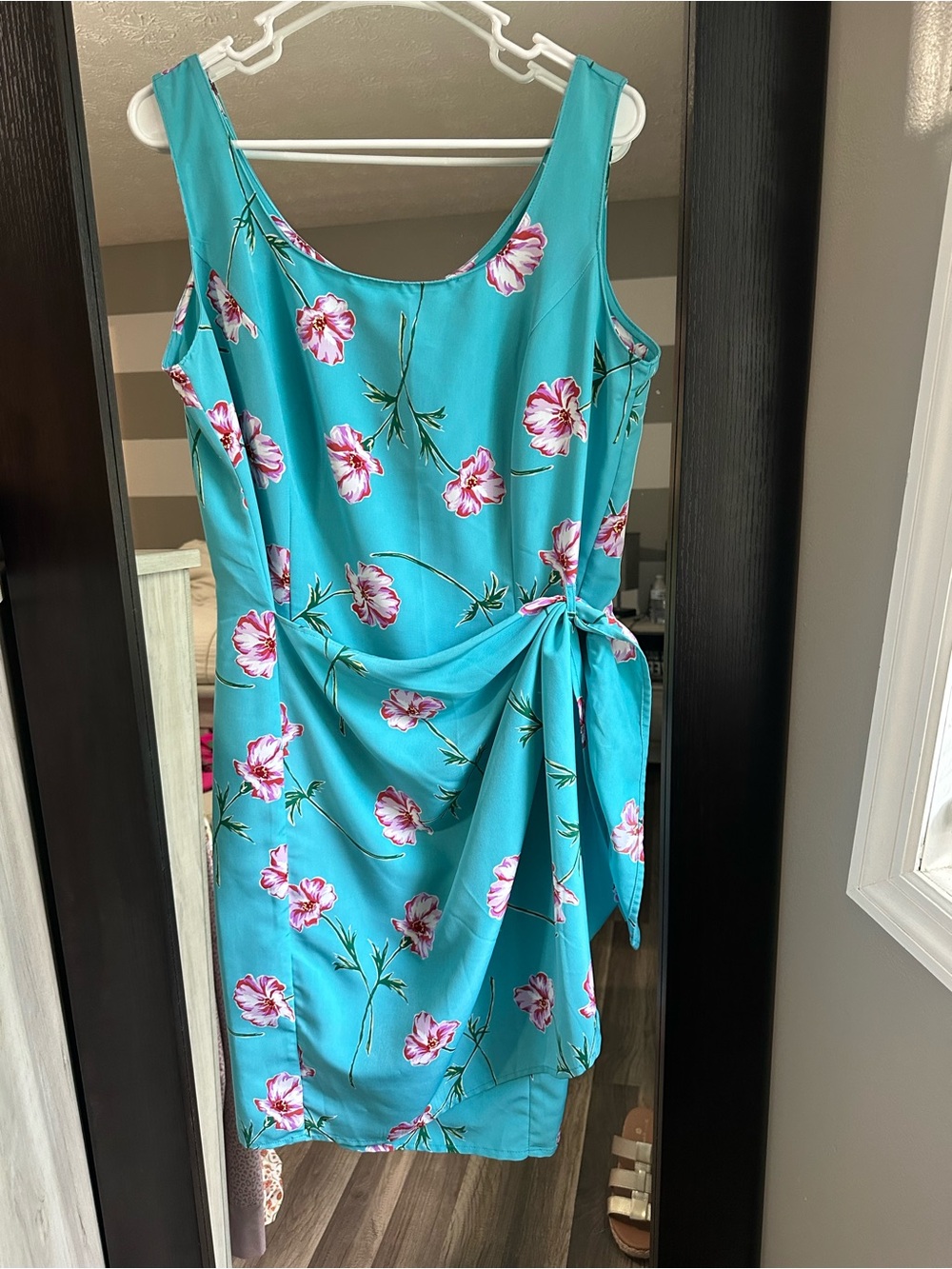 Basic Editions Turquoise Floral Side-Tie Mini‎ Dress wedding guest, summer